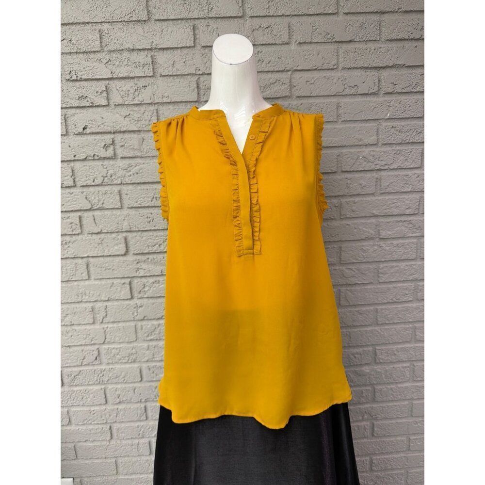Worthington mustard Women V-Neck Ruffle Sleeveless Blouse Size M
